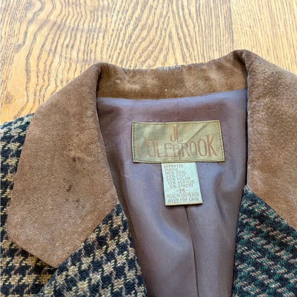 Vintage JL Colebrook brown houndstooth plaid wool blazer Jacket suede collar M - Picture 7 of 11